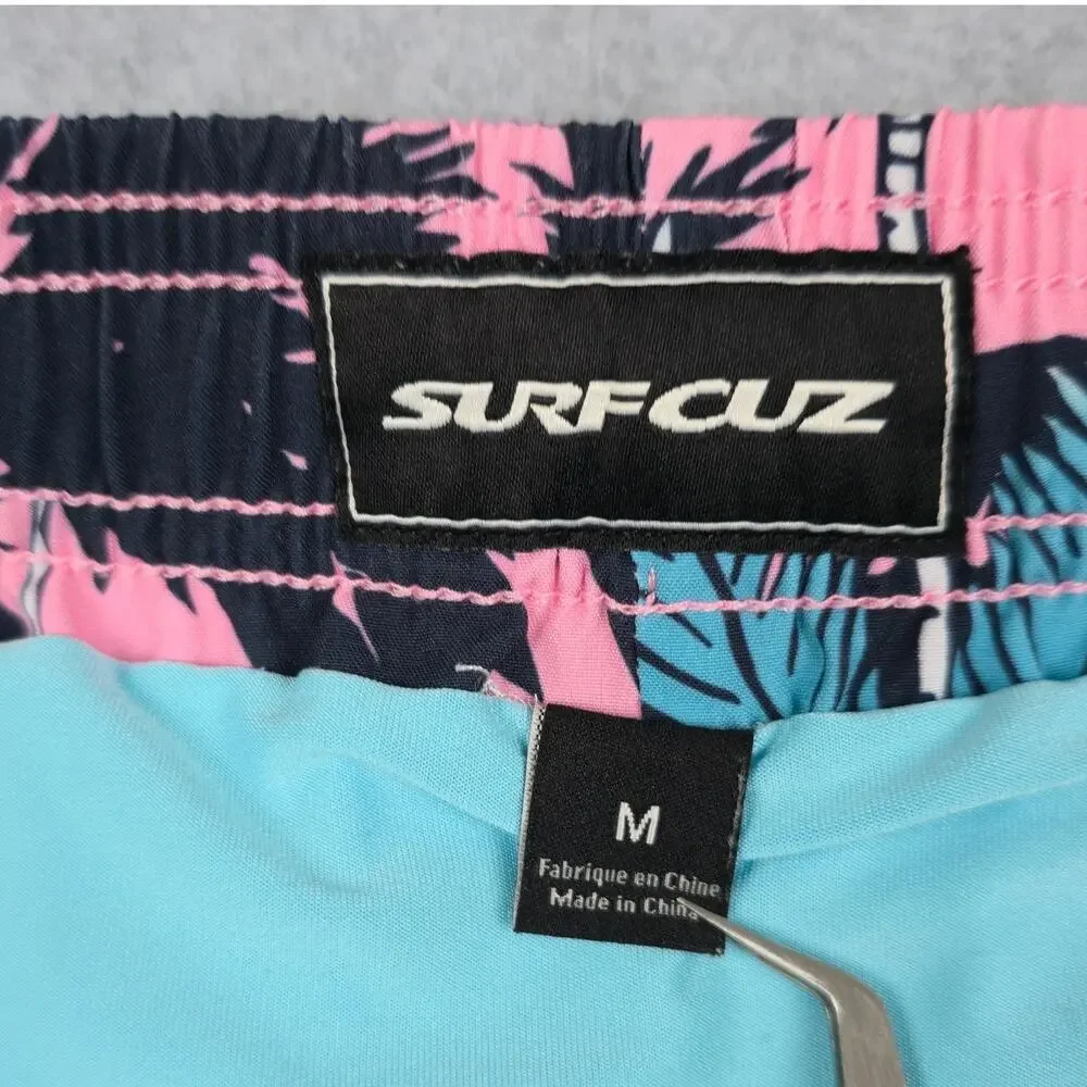 SURFCUZ Mens Medium Pink Swim Trunks Black Blue Palm Tree Pattern Drawstring